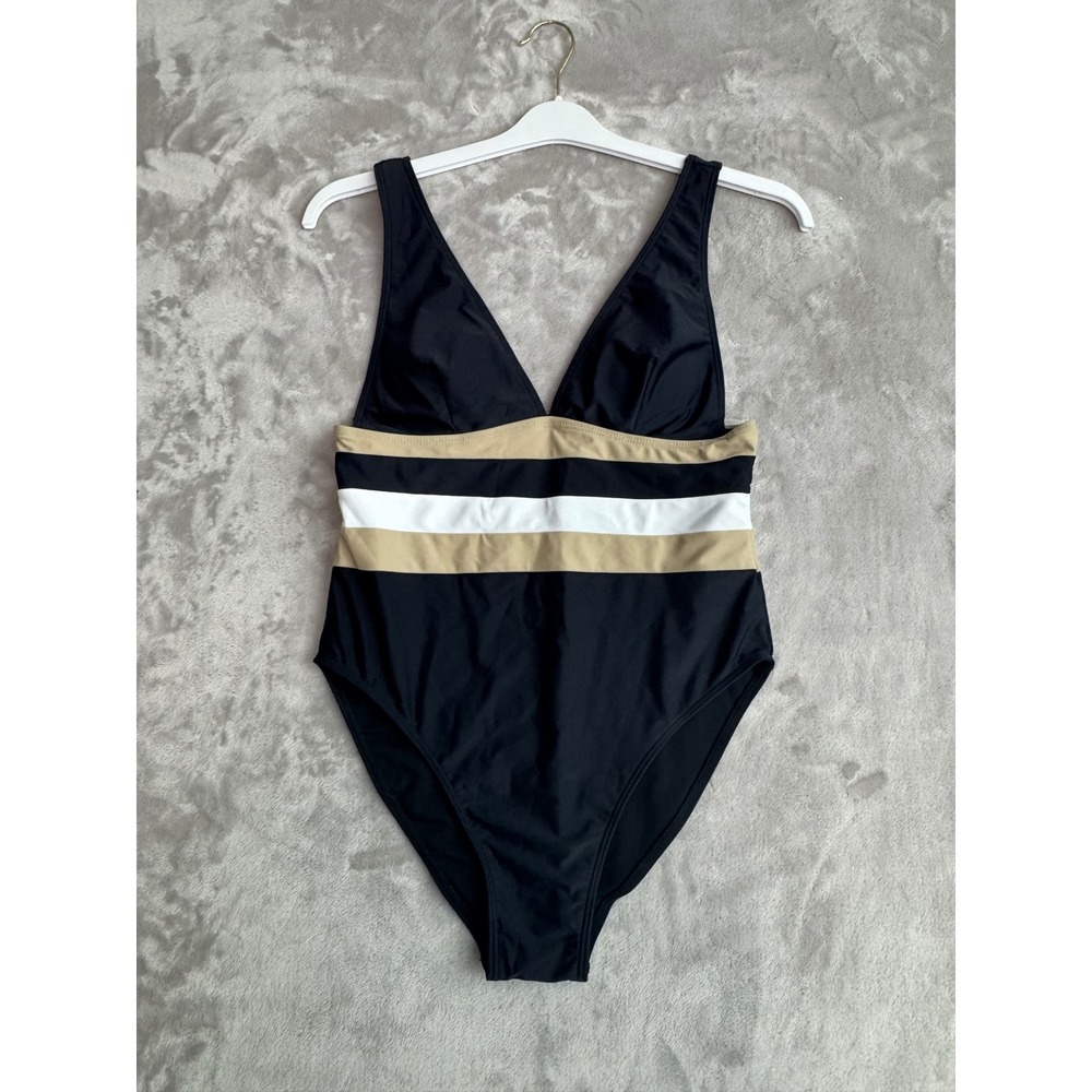 Pink Lily Womens Black Colorblock Striped One Piece Swimsuit PL1121 Size M